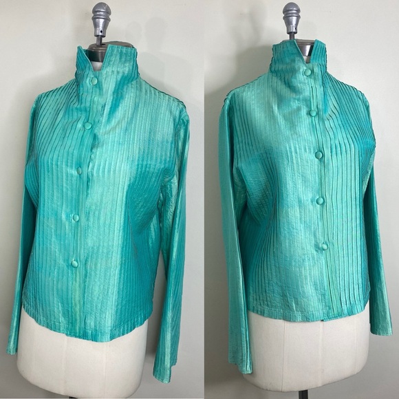 GRACIE MADE IN VIETNAM 100% DUPIONI SILK BUTTON UP LONG SLEEVE PIN TUCK TOP XL - Picture 5 of 8